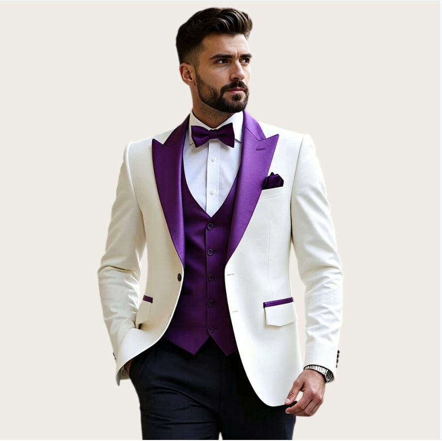 Men Formal Wear Pants - Białe garnitury męskie, 3-częściowe, o dopasowanym